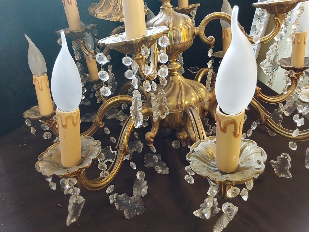 LUSTRE BRONZE A PAMPILLES 12 FEUX SUR 2 NIVEAUX
