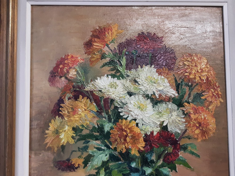 TABLEAU FLEURS AVEC VASE SIGNE 52X89