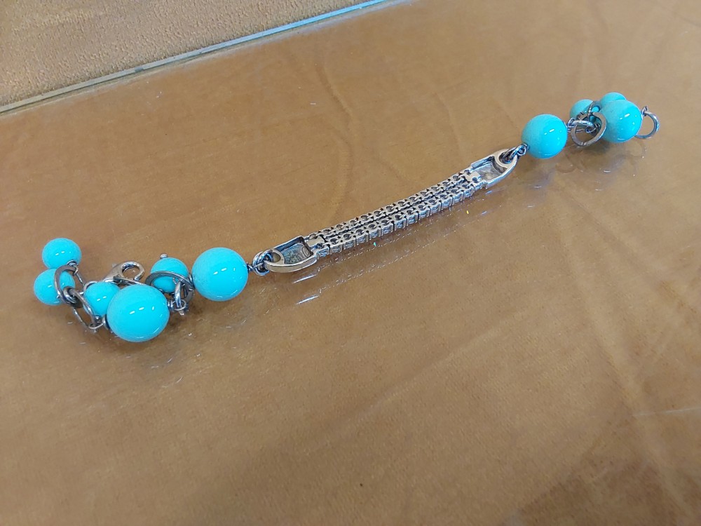 BRACELET ARGENT AVEC PERLES TURQUOISE ET STRASS