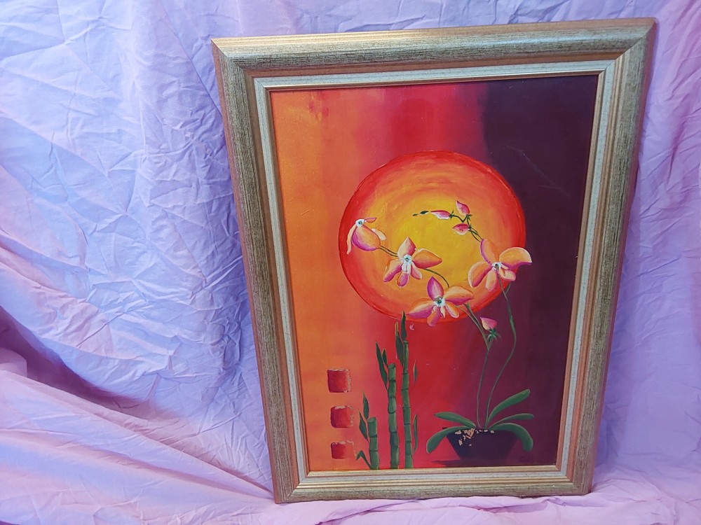 TABLEAU CADRE DORE MOTIF FLEURS ORANGEES
