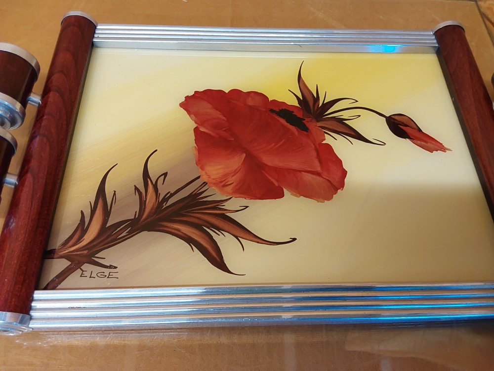 PLATEAU A ANSES BOIS METAL ET VERRE