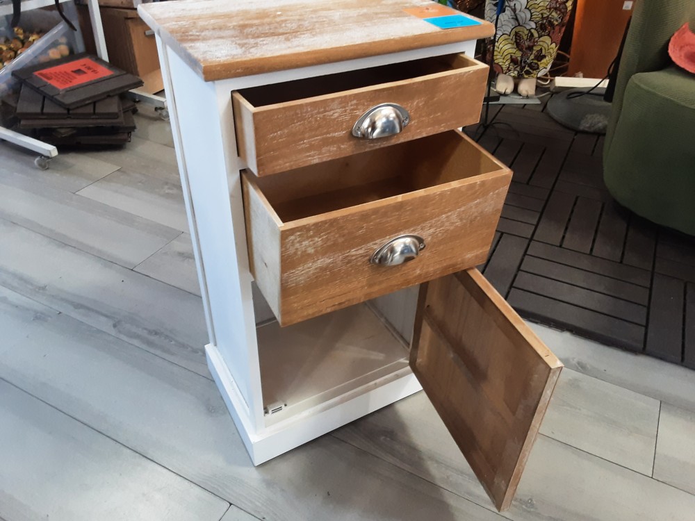MEUBLE 2 TIROIRS 1 PORTE EN BOIS ET BLANC