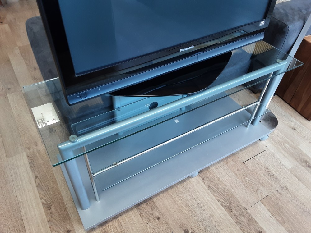 MEUBLE TV DOUBLE PLATEAUX VERRE SUR ROULETTE