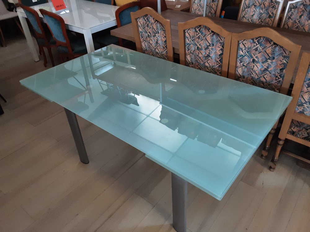 TABLE DE SALLE A MANGER 160 CMPLATEAU VERRE OPAQUE 2 ALL. DE 40CM INTEGREES PIEDS GRIS