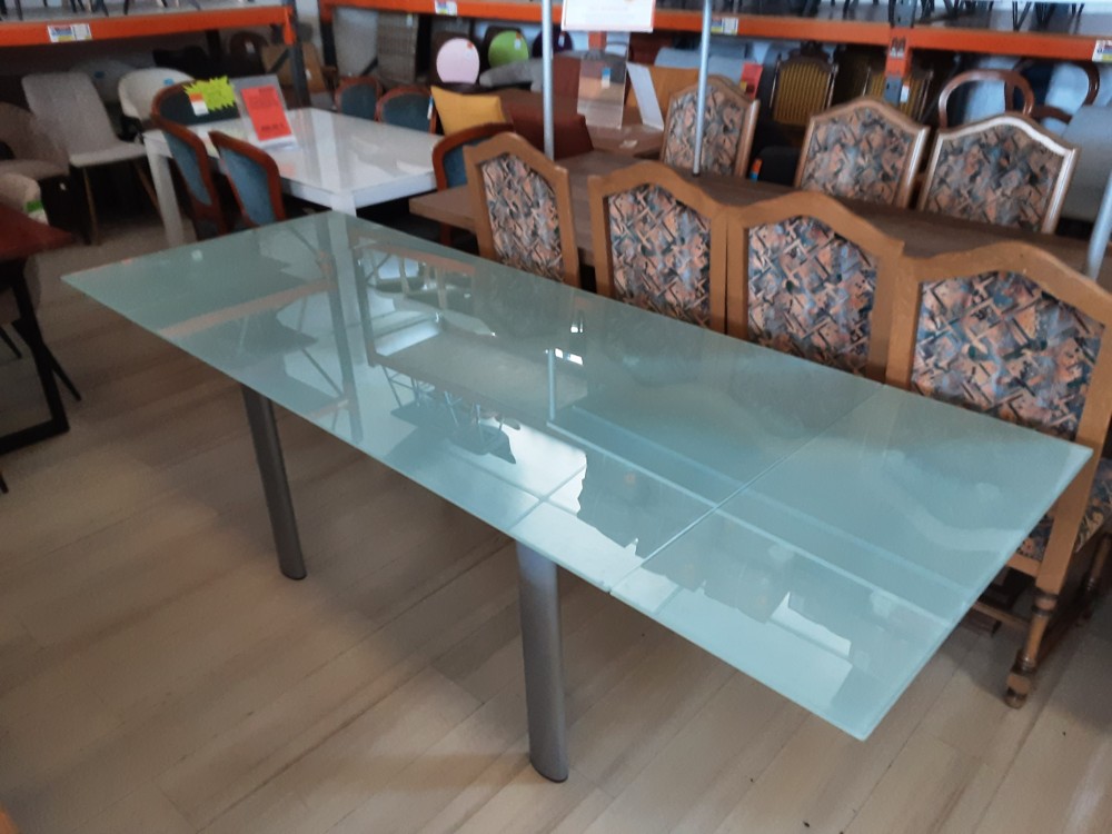 TABLE DE SALLE A MANGER 160 CMPLATEAU VERRE OPAQUE 2 ALL. DE 40CM INTEGREES PIEDS GRIS