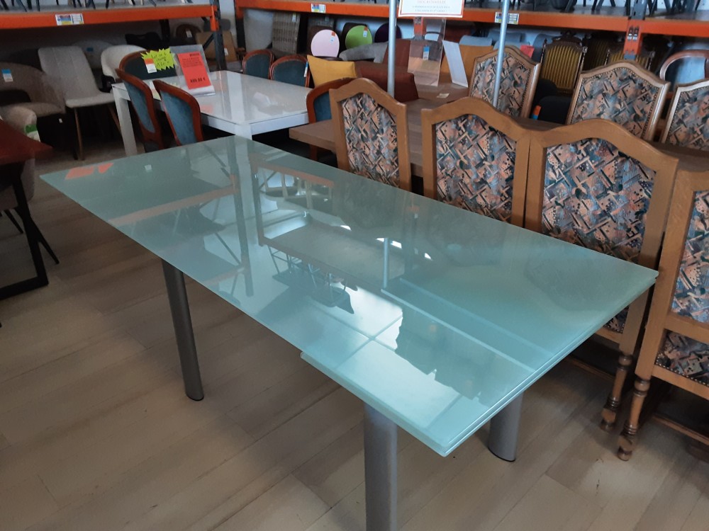 TABLE DE SALLE A MANGER 160 CMPLATEAU VERRE OPAQUE 2 ALL. DE 40CM INTEGREES PIEDS GRIS