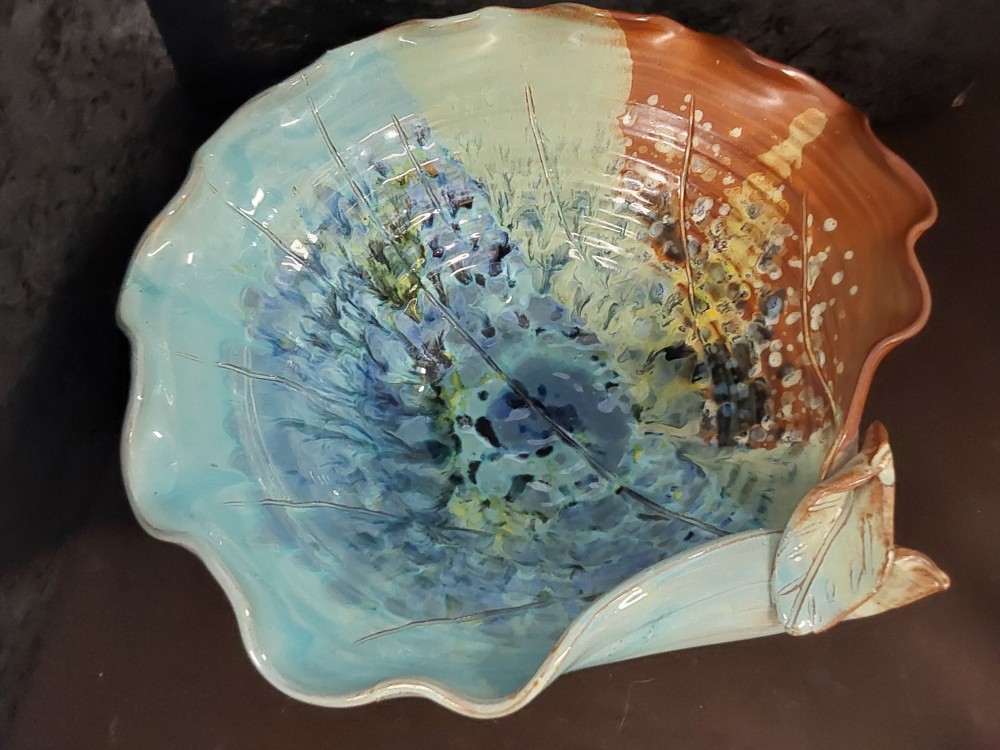 SALADIER CERAMIQUE BLEU ET BRUN DIAM 30CM