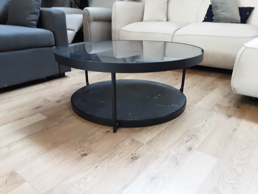 TABLE BASSE RONDE 2 PLATEAUX 1 VERRE FUME 1 IMITATION MARBRE