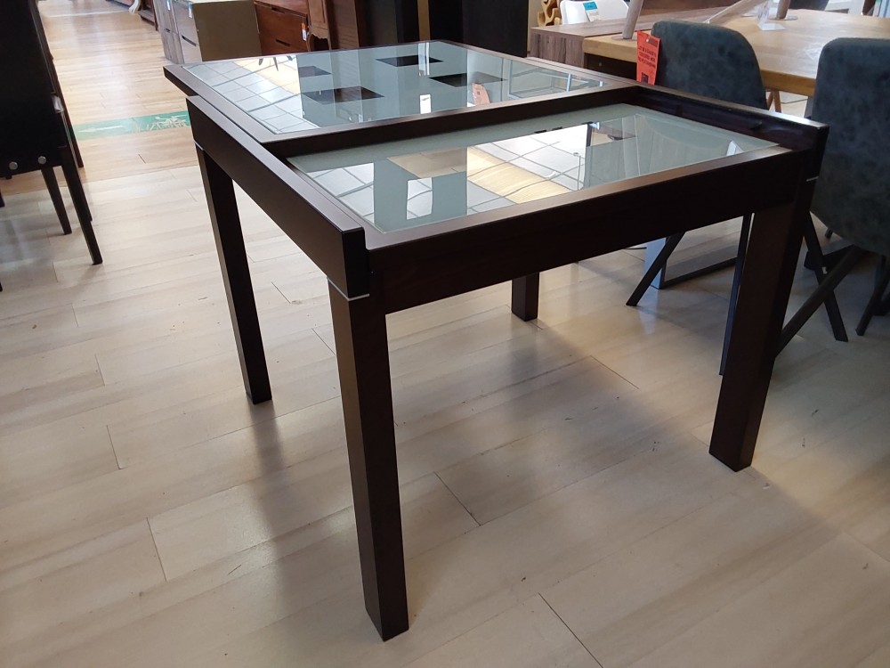 TABLE CARREE EXTENSIBLE WENGE + VERRES OPAQUE 180 CM OUVERTE