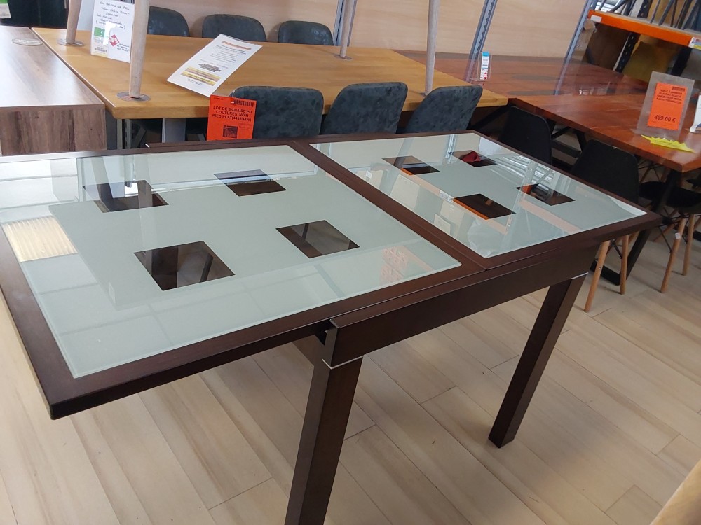 TABLE CARREE EXTENSIBLE WENGE + VERRES OPAQUE 180 CM OUVERTE