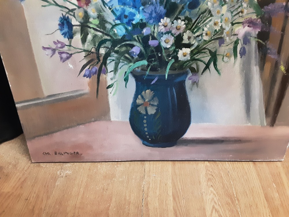 TABLEAU VASE AVEC FLEURS SIGNÉ EHLINGER SANS CADRE