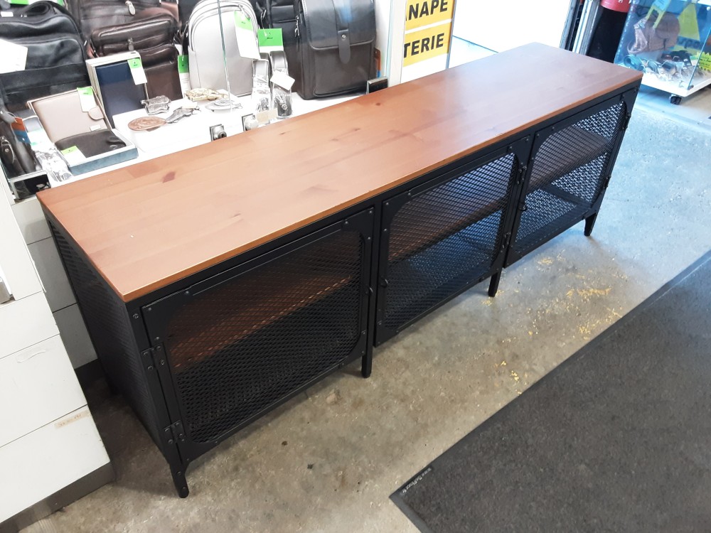 MEUBLE BAS METAL NOIR PLATEAU BOIS 3 PORTES