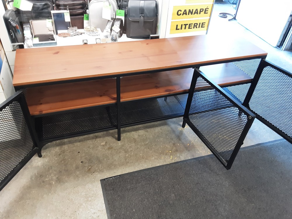 MEUBLE BAS METAL NOIR PLATEAU BOIS 3 PORTES