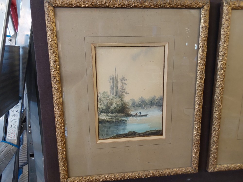 TABLEAU AQUARELLE ARBRES ET LAC SIGNÉ