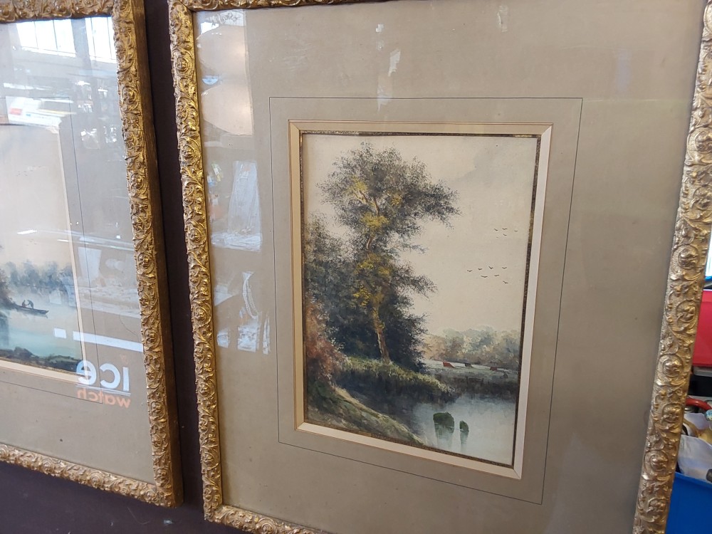TABLEAU AQUARELLE ARBRES ET LAC SIGNÉ