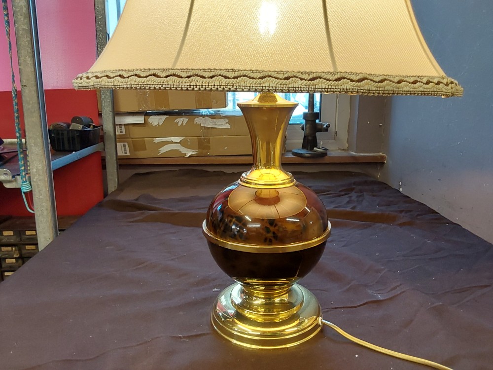 LAMPE À POSER PIED DORÉ/BRUN ABAT JOUR BEIGE/BRUN