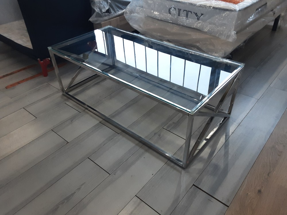TABLE BASSE PIED MÉTAL CHROMÉ PLATEAU VERRE