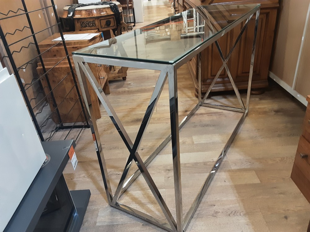 CONSOLE PIED MÉTAL ARGENTÉ PLATEAU VERRE