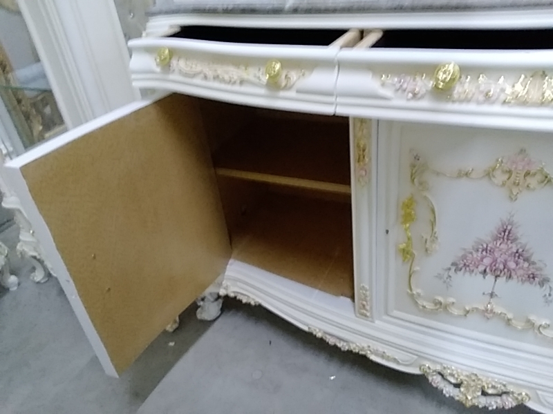 ENSEMBLE BUFFET 2 VITRINES BAROQUE MARBRE ET MIROIR