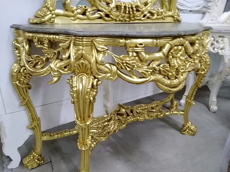 CONSOLE BAROQUE DORÉE MARBRE ET MIROIR