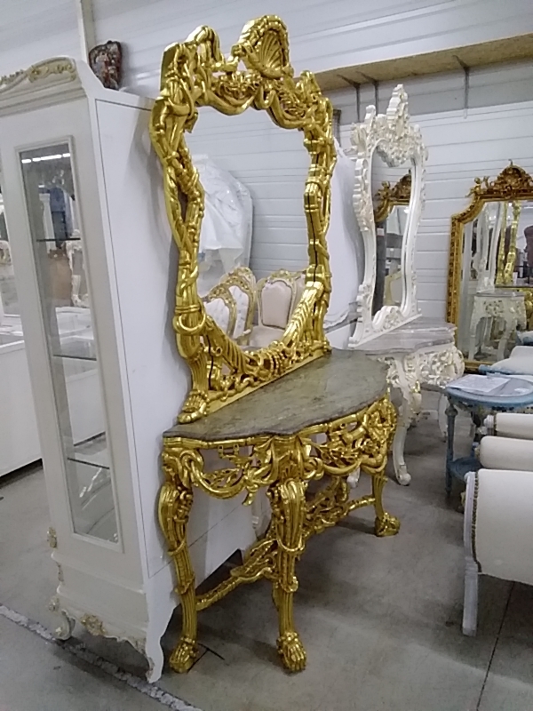 CONSOLE BAROQUE DORÉE MARBRE ET MIROIR