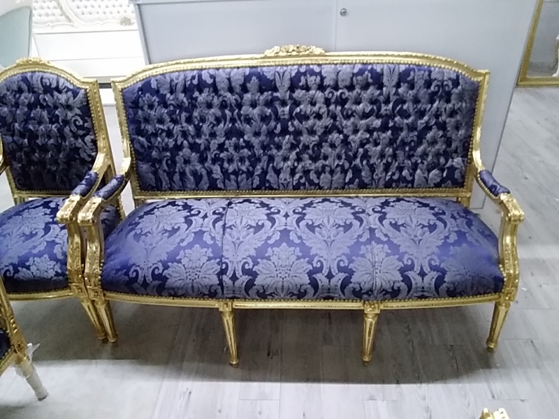SALON BAROQUE CANAPÉ ET 4 FAUTEUILS DORÉ TISSU BLEU
