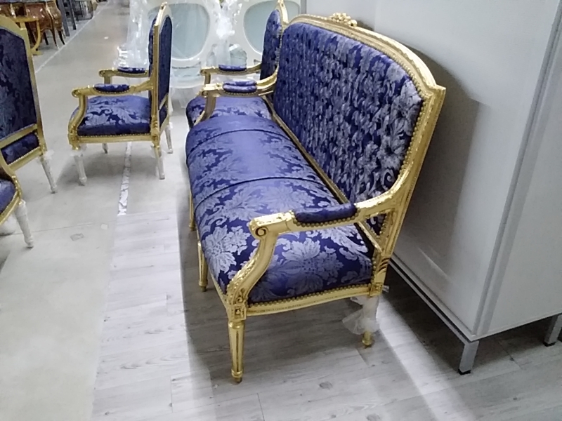 SALON BAROQUE CANAPÉ ET 4 FAUTEUILS DORÉ TISSU BLEU