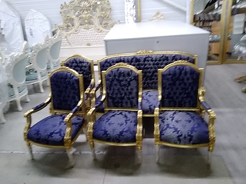 SALON BAROQUE CANAPÉ ET 4 FAUTEUILS DORÉ TISSU BLEU