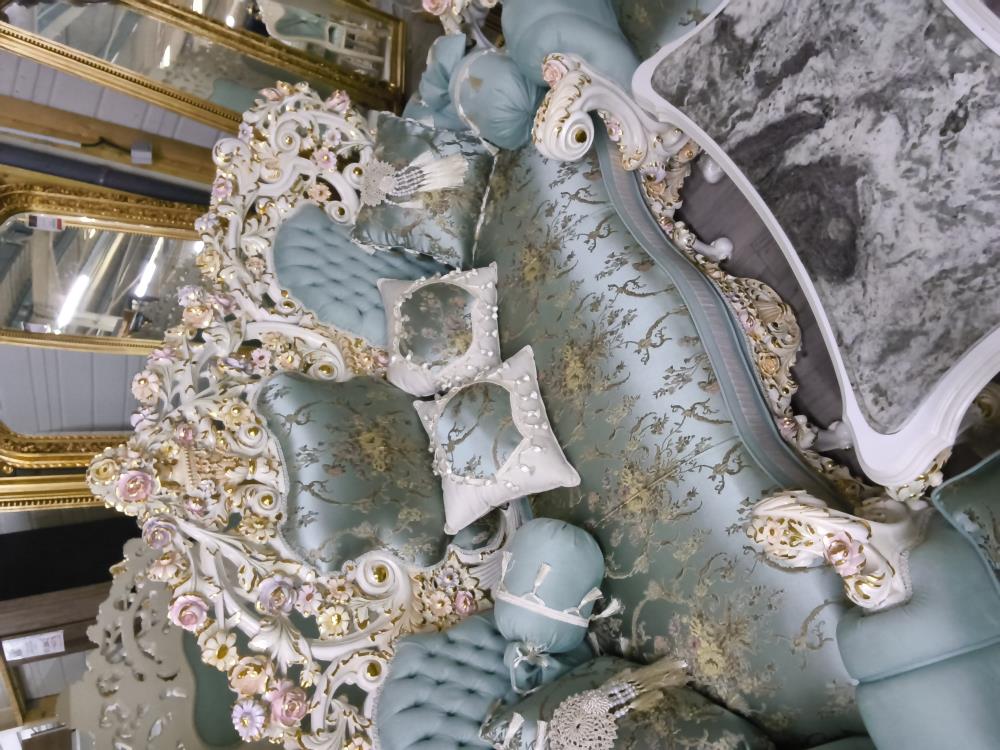 SALON BAROQUE GÉANT BEIGE CANAPÉ + 4 FAUTEUILS + TABLE BASSE MARBRE