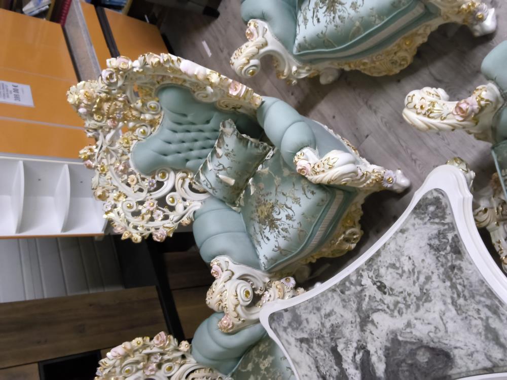 SALON BAROQUE GÉANT BEIGE CANAPÉ + 4 FAUTEUILS + TABLE BASSE MARBRE