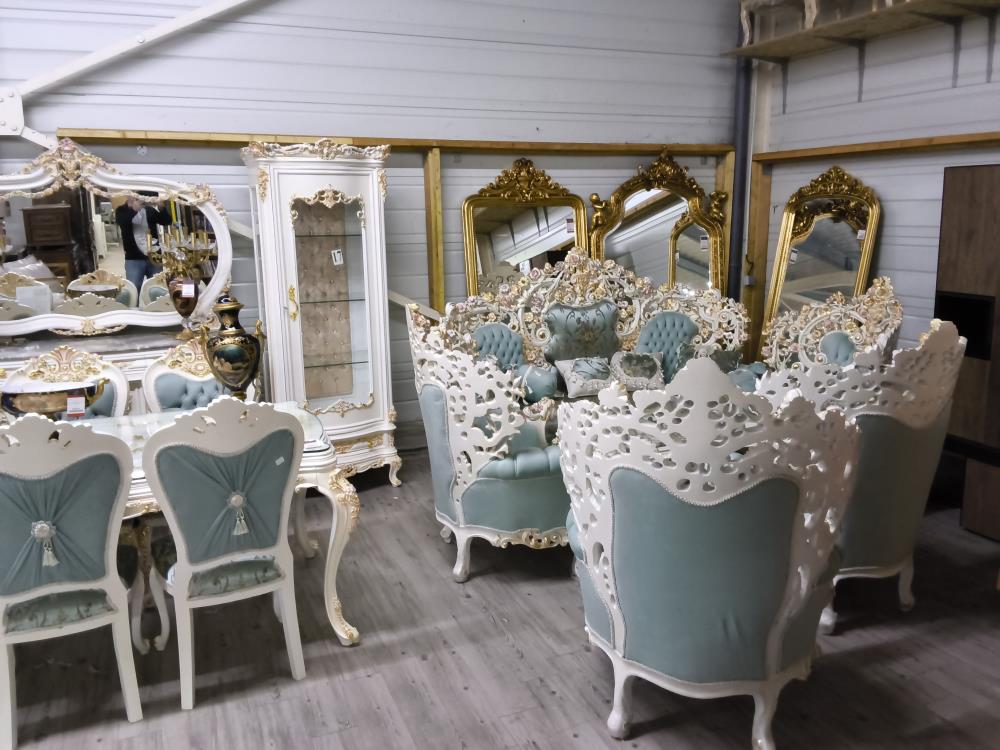 SALON BAROQUE GÉANT BEIGE CANAPÉ + 4 FAUTEUILS + TABLE BASSE MARBRE
