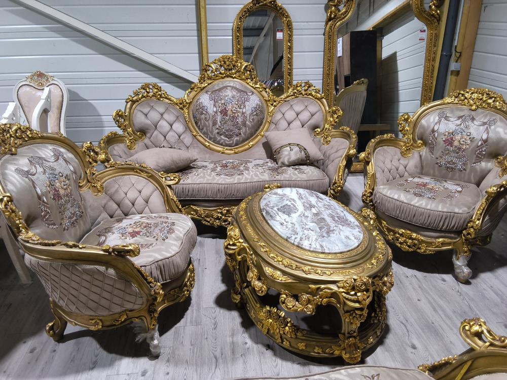 SALON BAROQUE DORÉ GÉANT COMPOSÉ DE 2 CANAPÉS 3 PLACES 2 FAUTEUILS ET 1 TABLE BASSPE