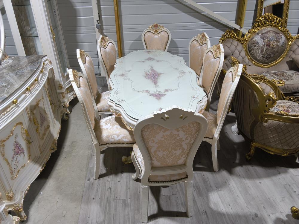 ENSEMBLE SAM COMPOSÉ 1 TABLE 222 X 105CM 8 CHAISES 1 BUFFET MIROIR ET 2 VITRINES