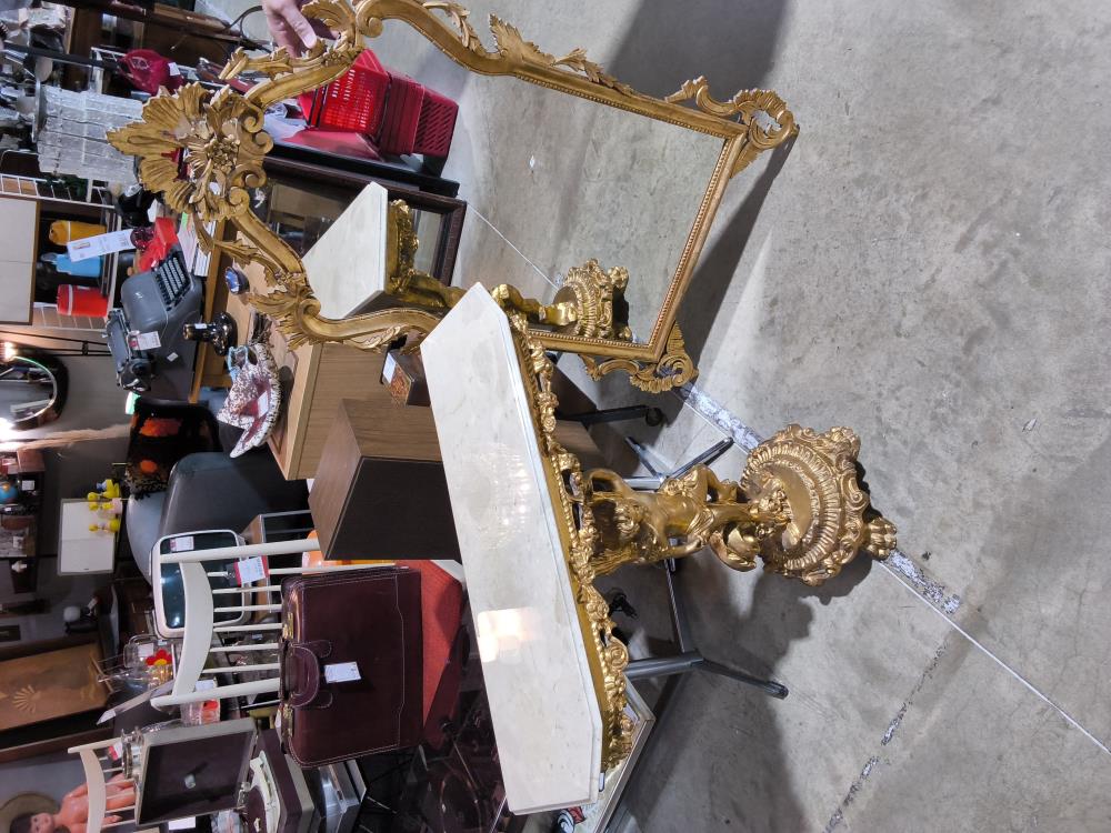 CONSOLE ANCIENNE EN BOIS DORÉE AVEC MIROIR ET MARBRE