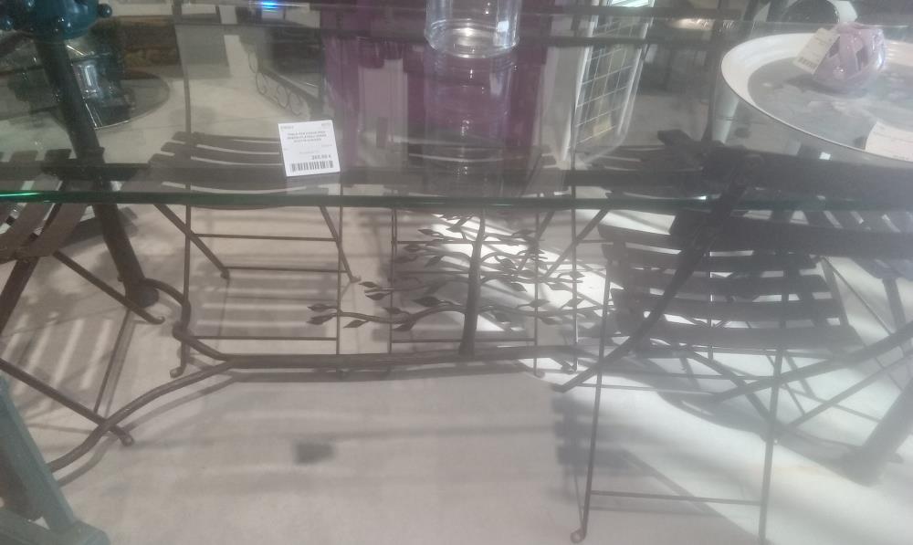 TABLE FER FORGE PIED ARBRE+PLATEAU VERRE ACDT+6 CHAISES