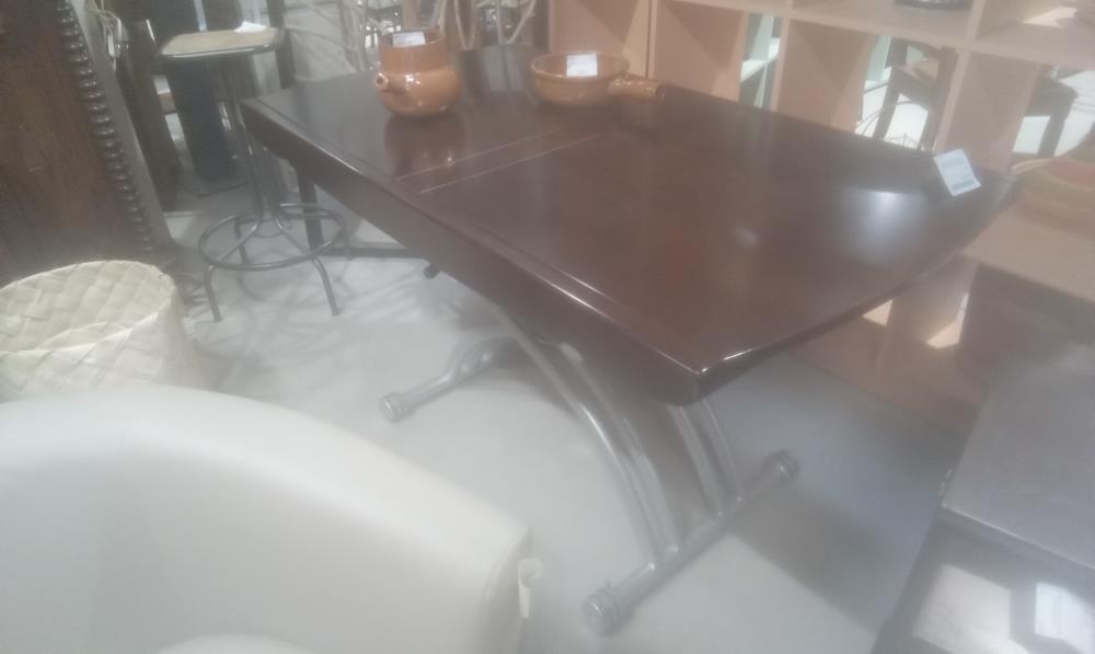 TABLE DESIGN PLATEAU WENGE +2ALLONGES+PIED METAL MONTE ET BAISSE
