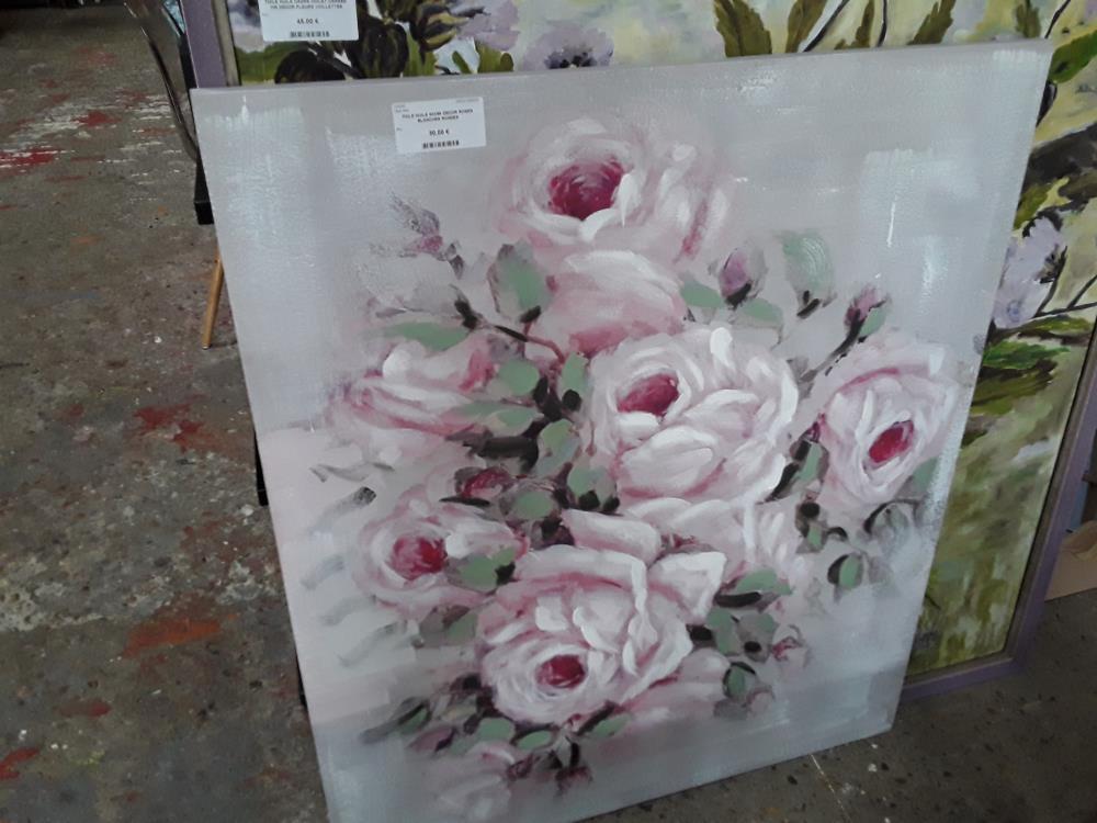 TOILE HUILE 80X95 DECOR ROSES BLANCHES ROSEES