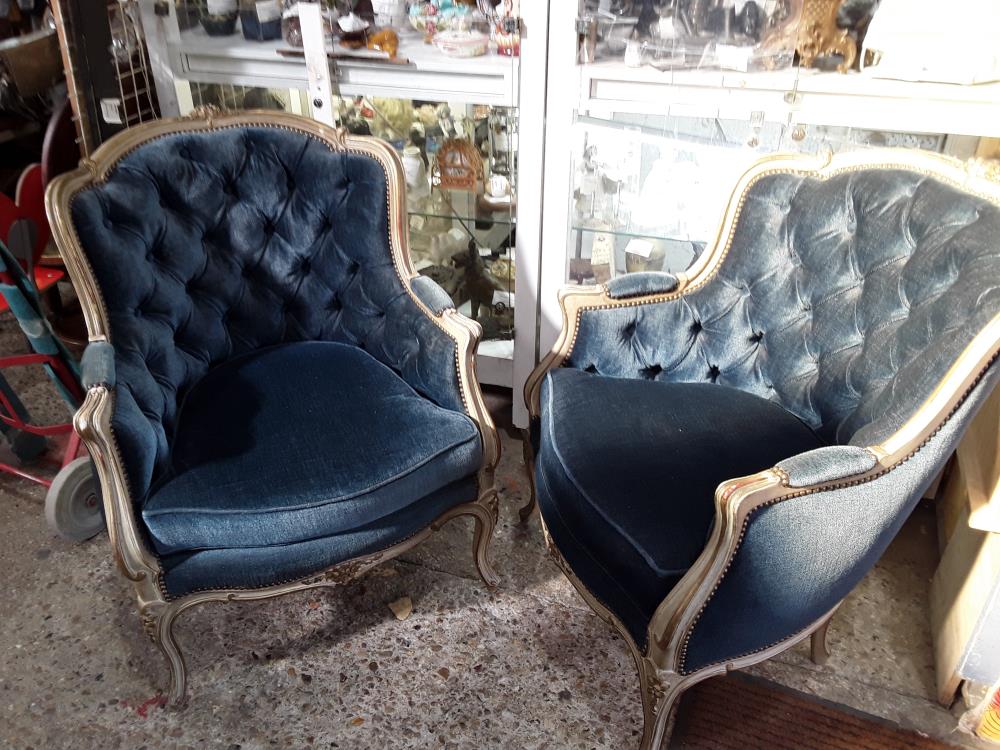 SALON 3 PIECES STYLE LXV TISSU VELOURS BLEU CAPITONNE