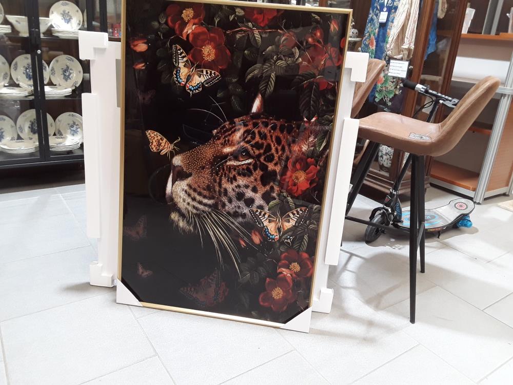CADRE LEOPARD SUR VERRE AVEC STRASS ENCADREMENT DORÉ