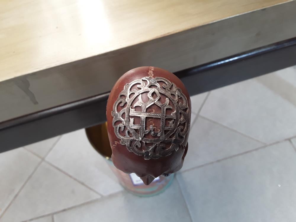 CANNE CURIOSITÉ FIN 19EME CROIX ARGENT POMMEAU TÊTE DE MORT