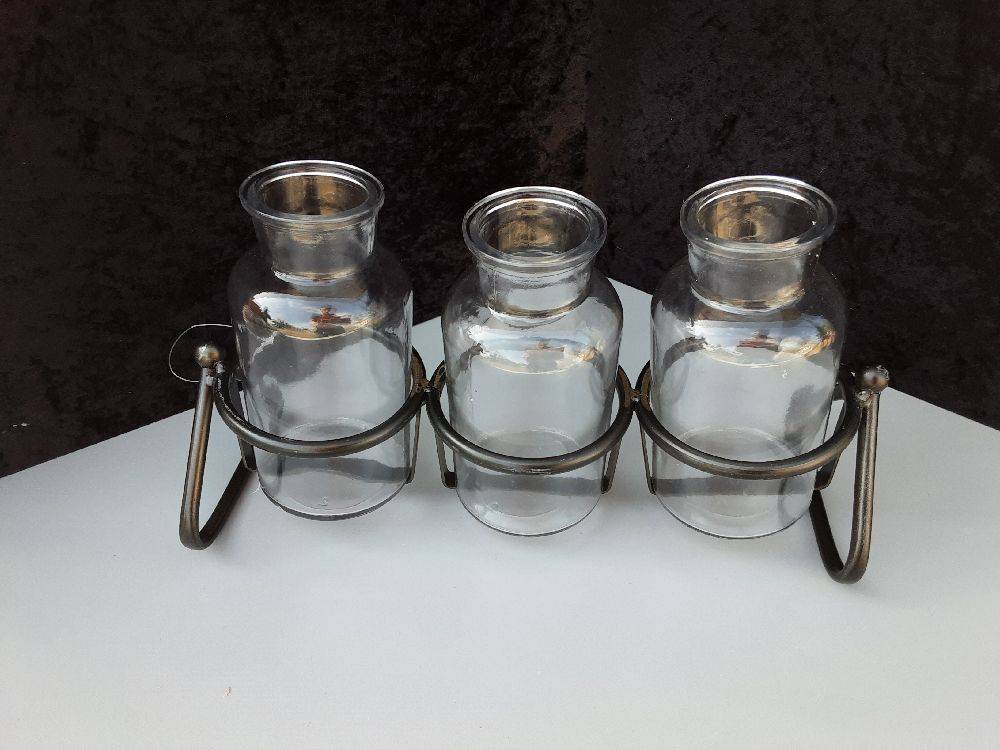 LOT DE 3 VASES VERRE SUPPORT METAL (JR-196731)