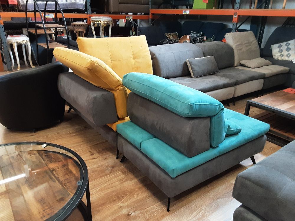 CANAPE D'ANGLE MODULABLE TETIERE RABATTABLE + DOSSIER AMOVIBLE GRIS