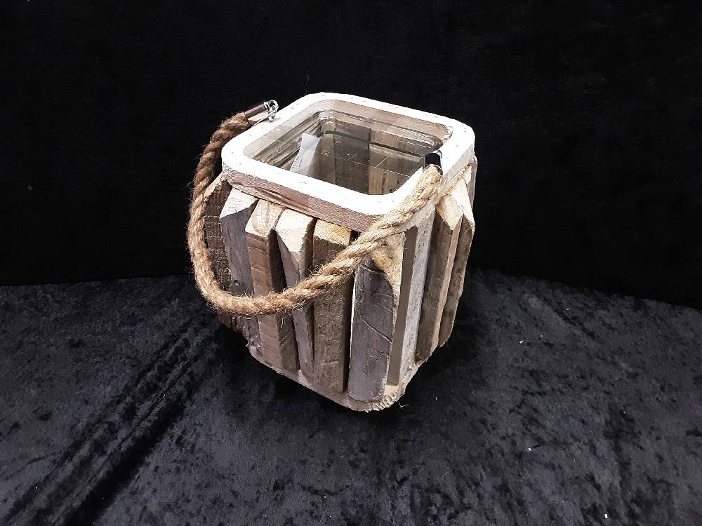 PHOTOPHORE LANTERNE CARRÉ BOIS + POT VERRE ET ANSE CORDE (6305908)