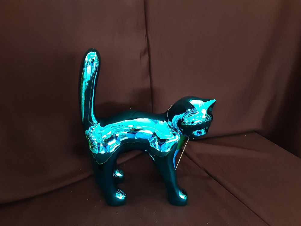 CHAT CHROMÉ BLEU H.42CM