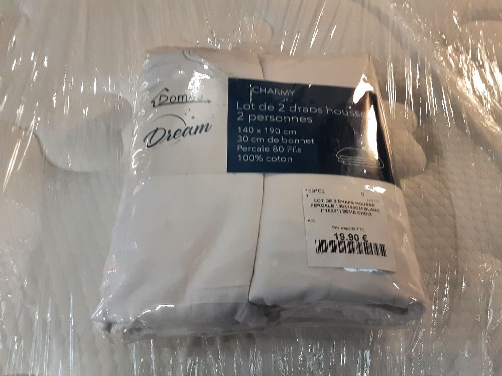 LOT DE 2 DRAPS HOUSSE PERCALE 140X190CM BLANC (118201) 2ÈME CHOIX