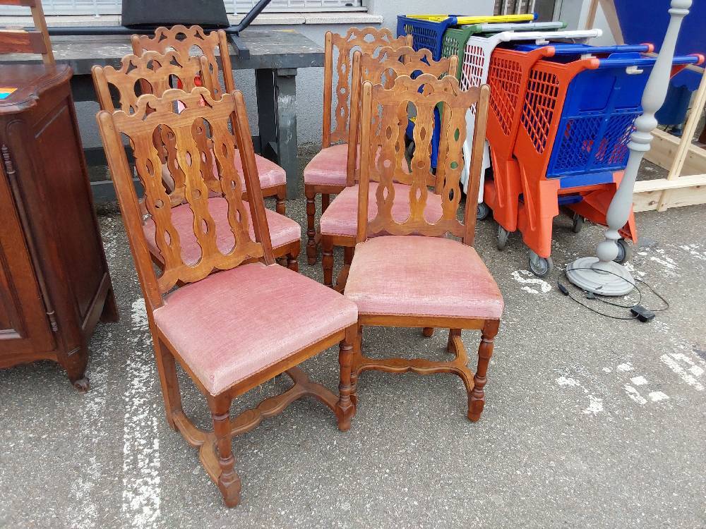 LOT 6 CHAISES BOIS VELOUR ROSE