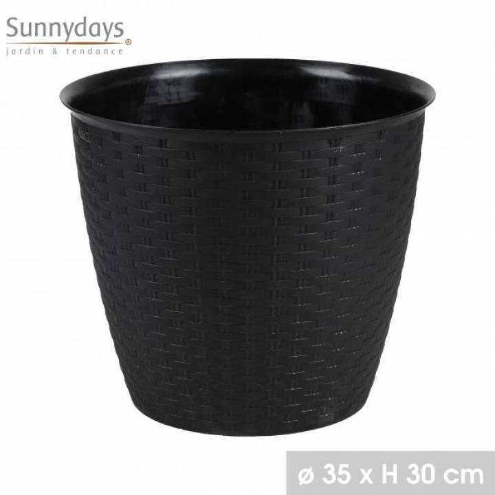 CACHE POT PLASTIQUE EFFET ROTIN NOIR DIAM.35CM (34366)