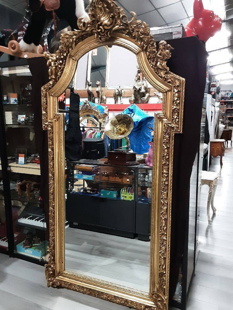 MIROIR BISEAUTE  HAUT 232CM CADRE DORE ARRONDI AVEC COTES ANGLES DROITS + ANGELOTS TGM   BAROQUE