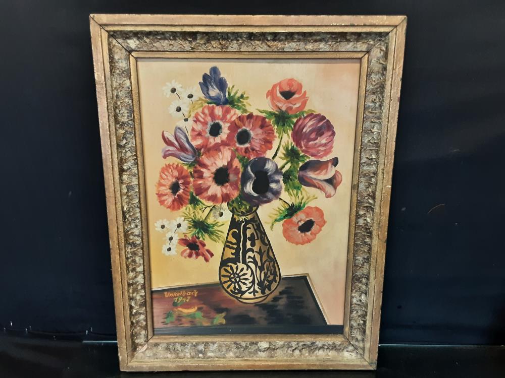 TABLEAU CADRE BOIS FLEURS DANS VASE SIGNE UNKELBACK 1947