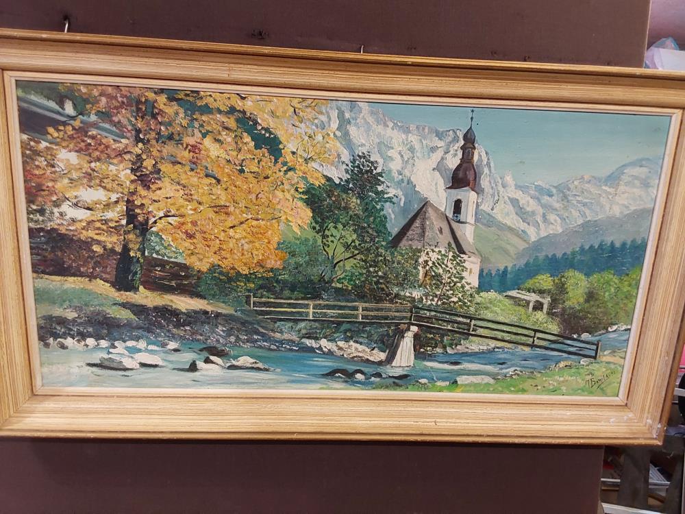 TABLEAU COURS D'EAU MONTAGNE ÉGLISE SIGNÉ 83X46